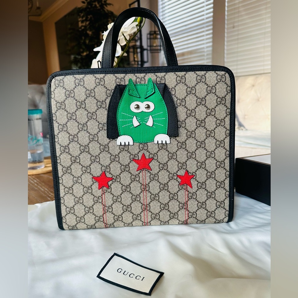 Gucci GG Supreme Monogram Cat Childrens Tote Black